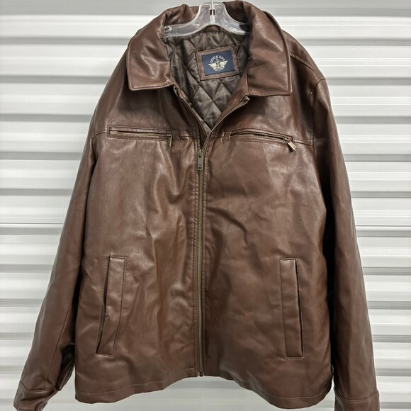 Dockers Brown Faux Leather Jacket Men XXL Front Zipper Quilted - Picture 1 of 6